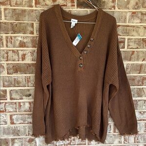 Rue 21+ Camel Color Ribbed Knit V-Neck Button Sweater